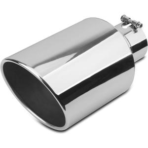4 inch Inlet Exhaust Tip, 8" Outlet 15" Overall Length Stainless Steel Exhaust Tail Pipe, Bolt-On, Rolled Edge, Slant Sleek Angle Cut, Polished Tailpipe, Silvery