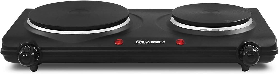 Elite Gourmet EDB302BF Countertop Double Cast Iron Burner, 1500 Watts Electric Hot Plate, Temperature Controls, Power Indicator Lights, Easy to Clean, Black