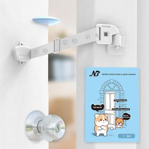 Adjustable Door Strap and Latch, Textile Cat Door Latch to Keep Dog Out of Litter Box, Economical Alternative of Pet Gates, Basic with Stopper 1 Pack