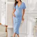 AISWI 2025 Womens Maternity Wrap Dress V Neck Ruffle Sleeves Semi Formal Baby Shower Photoshoot Party Cocktail Pregnancy (Blue, M)