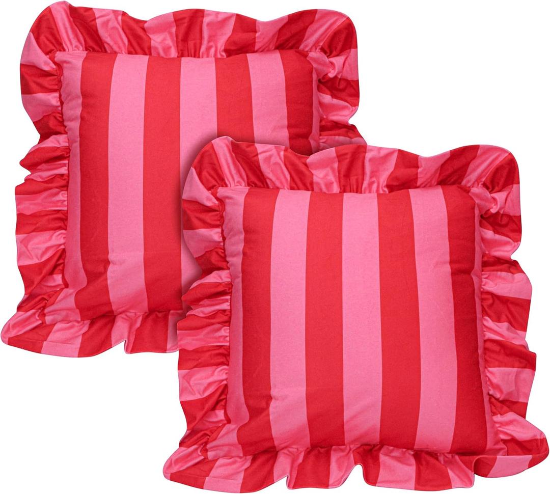 Set of 2 Striped Ruffle Pillow Covers 18x18 Inches, Decorative Throw Square Cushion Cases for Couch, Sofa Living Room Decor, Boho Wrinkle Resistant Shams with Envelope Closure, Polyester (Red)