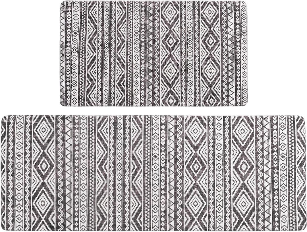 FRESHMINT Anti Fatigue Kitchen Mats for Floor 2 Piece Set, Waterproof & Non-Skid Boho Kitchen Rugs, Cushioned Kitchen Mat for Standing Washable Comfort Desk Kitchen Runners, 17x30+17x47 (Washed Black)
