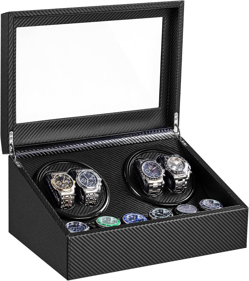 Watch Winder for Automatic Watches, Automatic Watch Winder | 4 Watch Winder with 6 Slots, Carbon Fiber Finish, Ultra-Quiet Japanese Motor, Adjustable Pillows, Present Box Packaging
