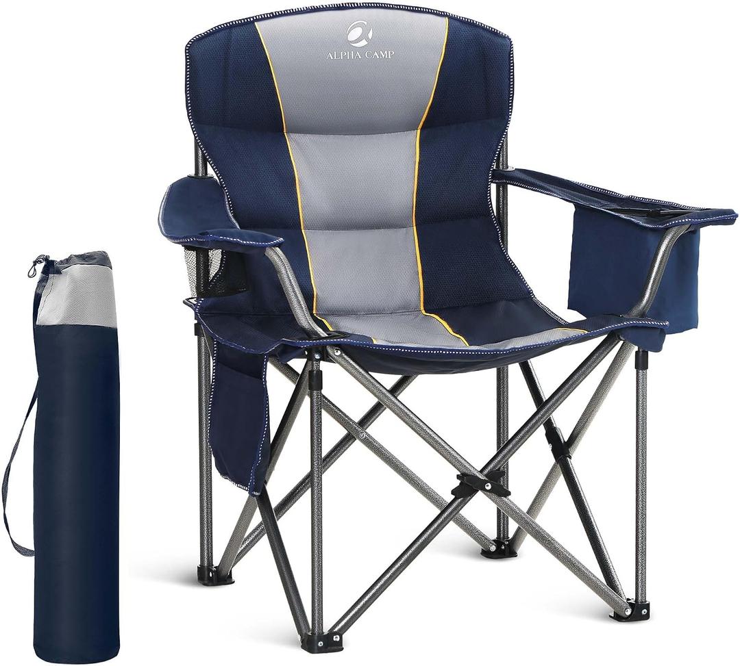 LET'S CAMP Folding Camping Chair Oversized Heavy Duty Padded Outdoor Chair with Cup Holder Storage and Cooler Bag, 450 LBS Weight Capacity, Thicken 600D Oxford, Single Pack