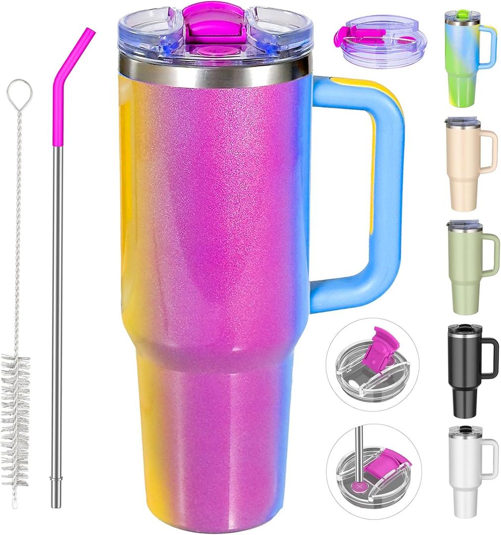 40 oz tumbler with handle and Straw Lid Leak-proof Silicone Boot Straw Cover Cap Travel Coffee Mug Stainless Steel Water Bottle Insulated Cup for Hot and Cold Beverages Gift Idea (Carnival, 40 oz)