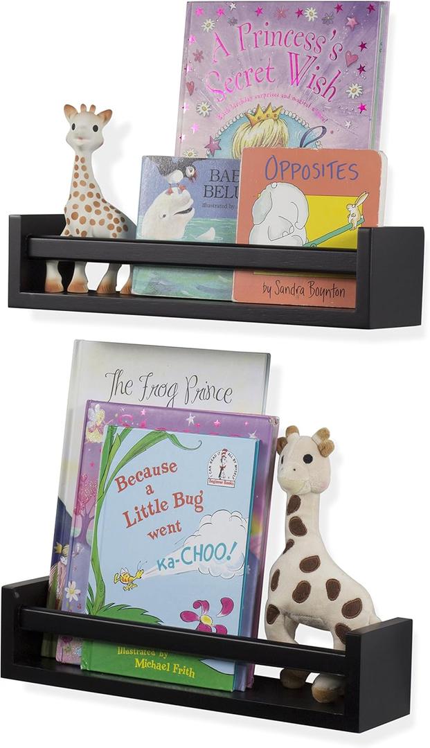 Wallniture Utah Floating Shelves for Wall, Wood Bookshelf for Kids Books, Picture Frames, Nursery Wall Decor, Black, Set of 2
