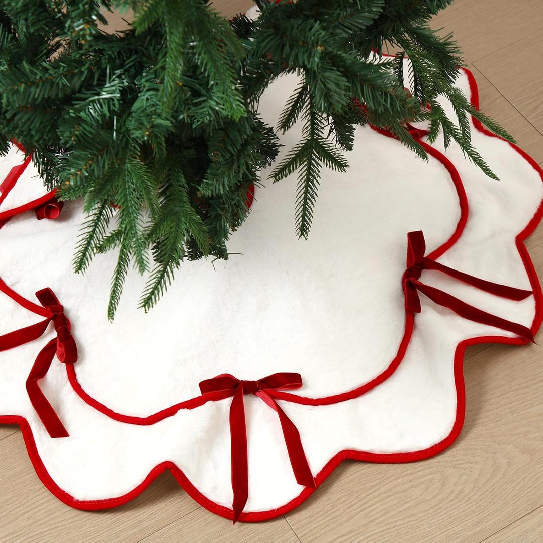 Soulchen Red Velvet Bow Christmas Tree Skirt 36 Inches White Scalloped Furry Plush Bow Tree Stand Collar Blanket Vintage Xmas Decorations for Indoor Outdoor Decor Holiday Supplies