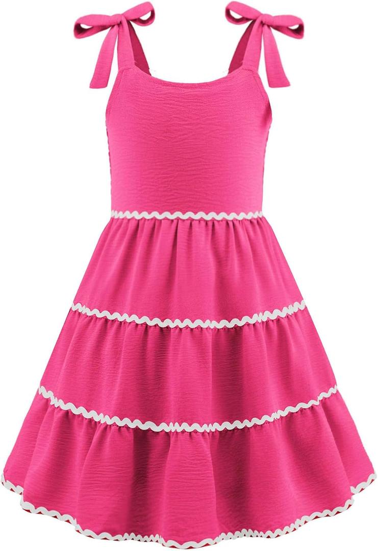 Arshiner Girls Summer Sleeveless Bow-Tie Straps Sundress Flowy Smocked Backless Tiered Lace Swing Midi Dress with Pockets Pink 12