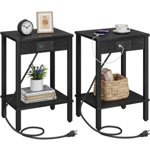 Set of 2 End Table with Charging Station, Narrow Side Table with USB Ports and Outlets, Nightstands with 2-Tier Storage Shelves, Sofa Table for Small Space Living Room Bedroom (Black)