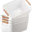 Tioncy 4 Pcs White Mesh Baskets with Wooden Handles Plastic Storage Organizer Baskets Pantry Basket Fruit Vegetables Gathering Basket Bin for Organizing Cabinet Closet Bedroom Kitchen(Medium)
