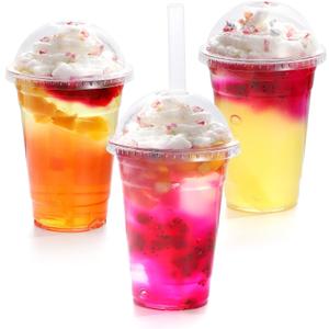 TashiBox [16oz-100set Plastic Cups with Dome lids Clear, Iced Coffee, Smoothie, Juice, Soda, Cocktail and Party Cups