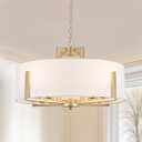 20'' Gold Drum Chandelier 8-Light Modern White Fabric Adjustable Large Farmhouse Pendant Light Fixtures for Dining Room, Stylish and Functional Chandeliers for Kitchen, Living Room, and Bedroom, Gold 