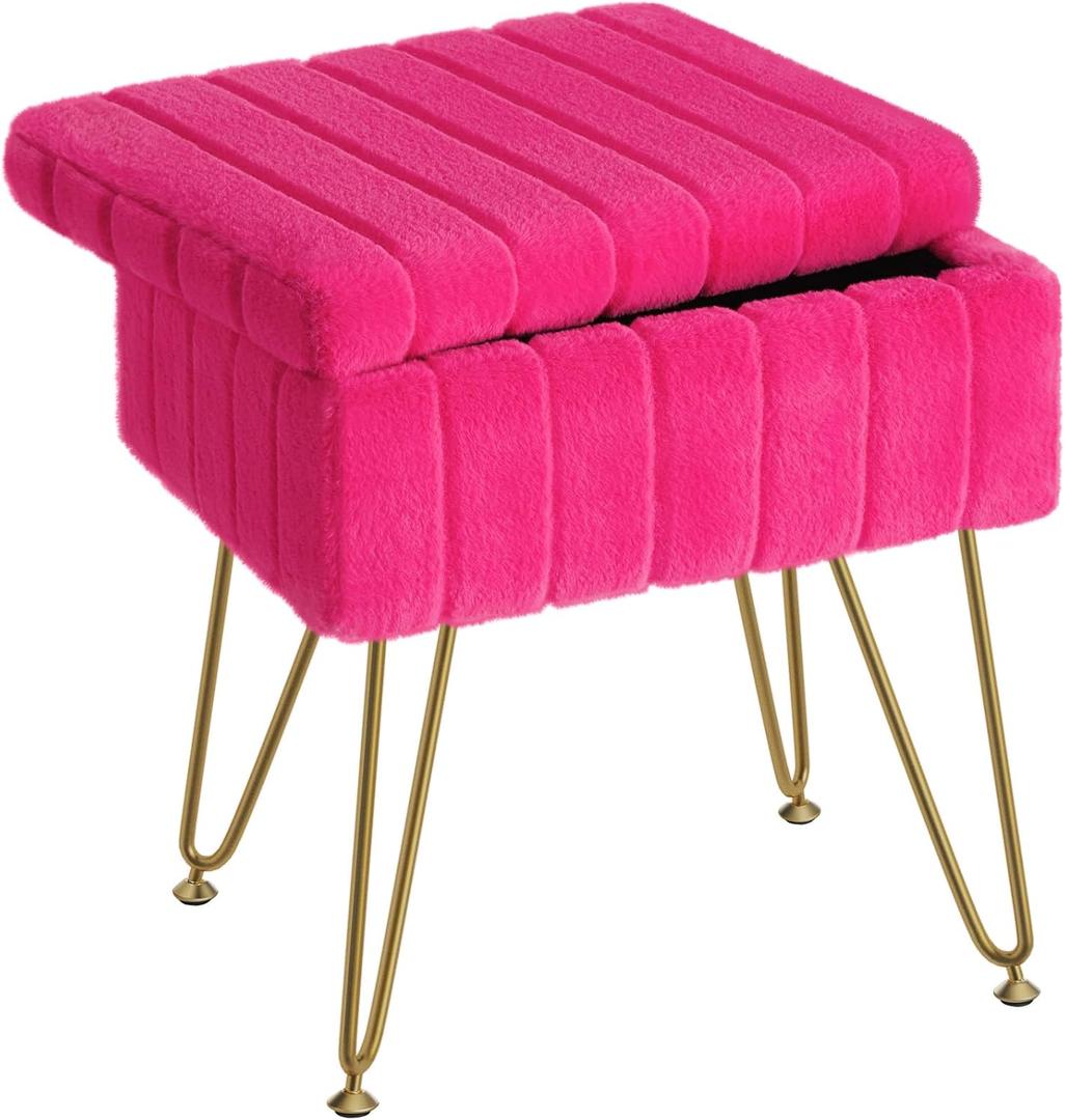 Greenstell Vanity Stool Chair Faux Fur with Storage, 15.7"L x 11.8"W x 19.4"H Soft Ottoman 4 Metal Legs with Anti-Slip Feet, Furry Padded Seat, Modern Multifunctional Chairs for Makeup, Bedroom, Rose