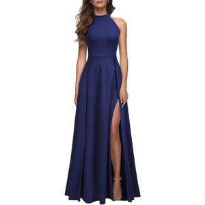 MUSHARE Women's Halter Neck Sexy Split Cocktail Party Maxi Long Formal Dress (Medium, Navy Blue)