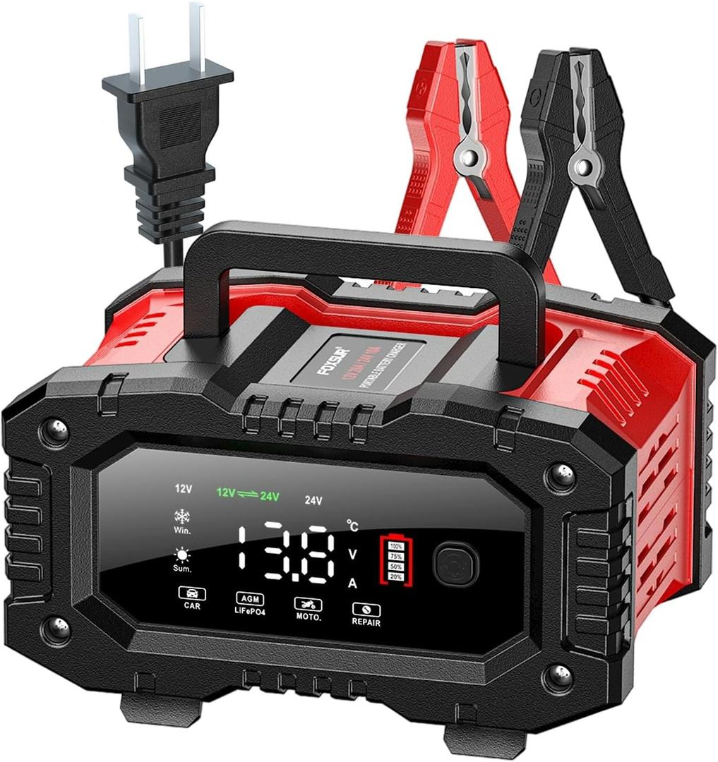 FOXSUR Portable Smart Car Battery Charger for 12 Volt 20A / 24V 10A Motorcycle Truck Lawn Mower Lead Acid AGM Gel LiFePo4 Batteries Tender Automotive Fast Pulse Repair Trickle Chargers Maintainer