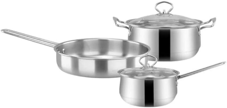 3pcs/set Stainless Steel Cookware Set Milk Pot Kit Induction Cooker Cooking Pan for Home Flat Bottom Frying Pan Soup Kitchen (A)