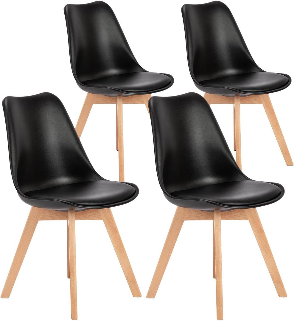 OLIXIS Set of 4 Dining Kitchen Mid-Century Modern Chairs with Wood Legs and PU Leather Cushion for Living Room Bedroom Outdoor Lounge, Black