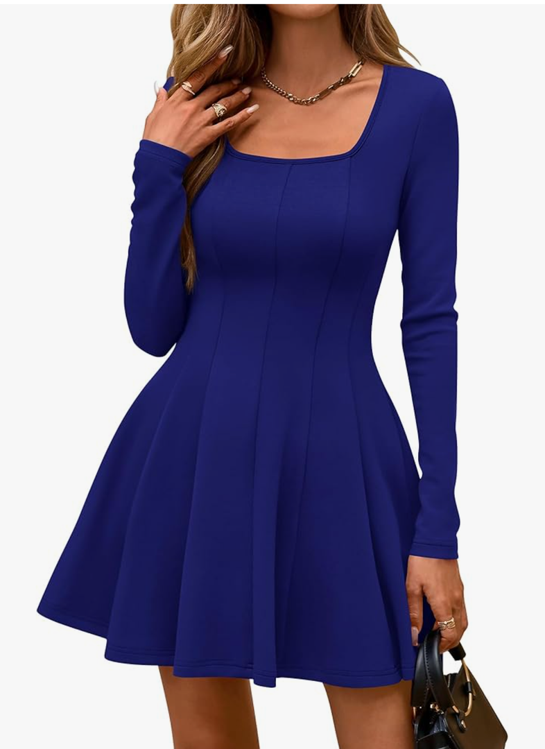 BTFBM Square Neck Dress for Women Casual Spring Long Sleeve Knit Pleated Elegant Classy 2026 Fall Cocktail Mini Dresses M