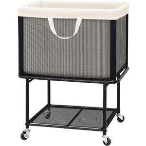 STO STO Rolling Laundry Hamper with Lockable Wheels, 29-Gallon (110L) Laundry Cart with Removable Canvas Bag, 2-Tier Clothes Basket Hamper with Shelf for Closet, Bedroom, Bathroom, Laundry Room, Beige