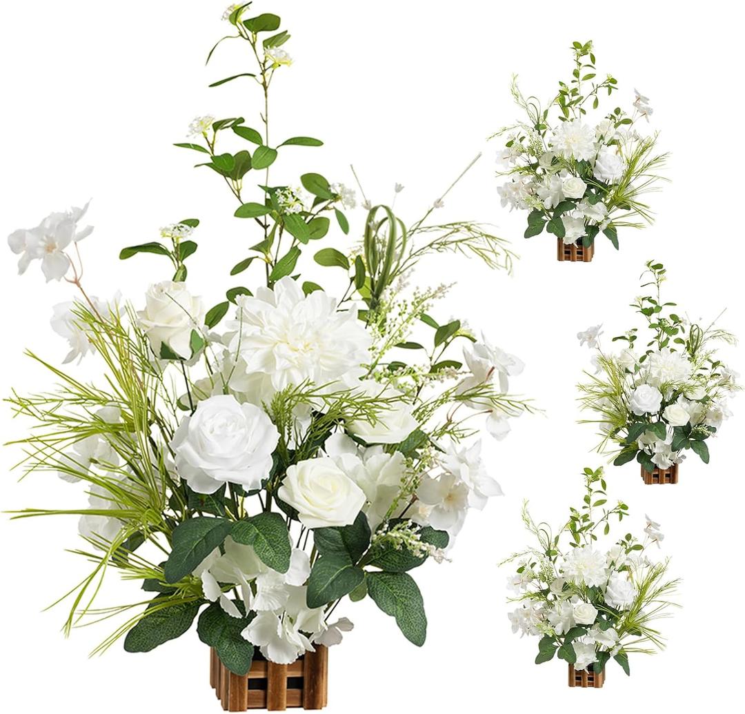 Ling's moment 17.5" Tall Free Standing Artificial Flowers Arrangements 4 pcs Fall Wedding Aisle Runner Chair Decorations Lily of The Valley Ceremony Reception Rose Floral Party Outdoor Centerpieces (Wht-lily White & Olive)