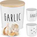 Large Garlic Keeper with Wooden Lid - Garlic Holder Storage - Round Ceramic Garlic Container Storage to Keep Your Garlic Cloves Fresh Longer - Classic White Vented Garlic Keeper for Counter