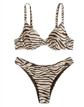 SweatyRocks Women's 2 Piece Swimsuit Zebra Stripe Push Up Bikini Sets (X-Large, Beige and Brown)