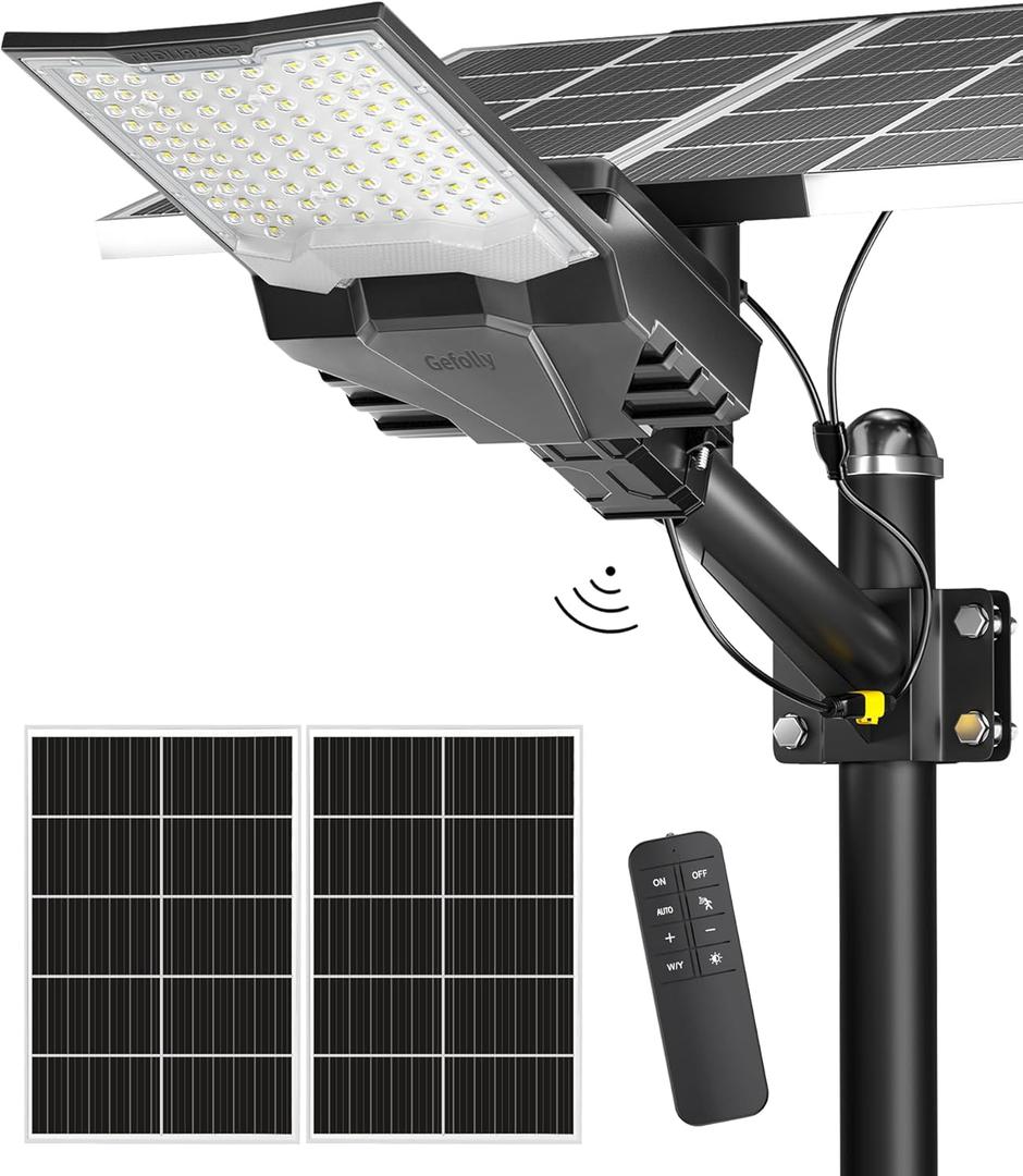 Gefolly Solar Street Lights Outdoor, Commercial Parking Lot Light Dusk to Dawn IP68 Waterproof 6500K Security Flood Lights Lamp for Yard, Road, Basketball Courts, G-HF-Max