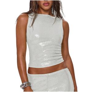 MakeMeChic Women's Sparkly Sequin Tops Y2k Sleeveless Crop Going Out Rave Tops Clubwear (Large)
