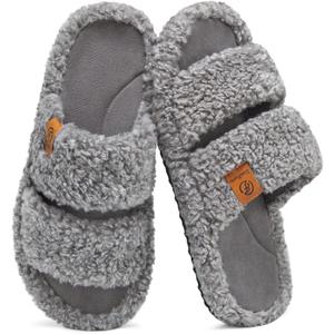 EverFoams Womens Fuzzy Open-toe Slippers Soft Comfy Memory Foam Indoor House Shoes (9-10, Cool Gray)