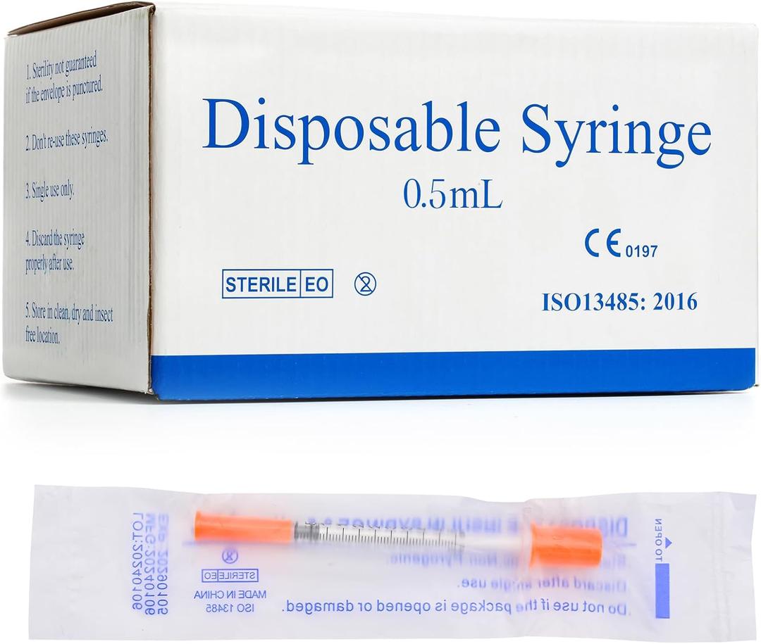 U 100 0.5 mL 30 Gauge 1/2 Inch Syringes, Lab Dispensing Syringe with Needle, Individual Wrapped, Box of 100