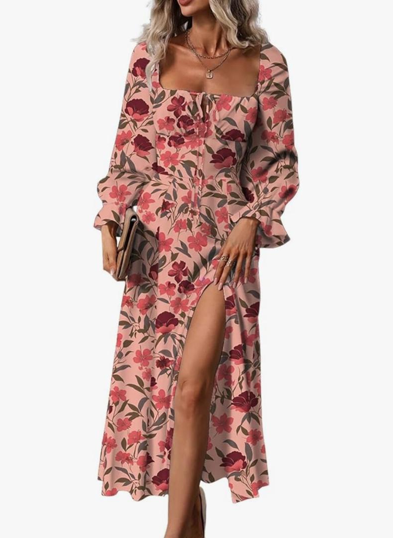 BLENCOT Womens Casual Square Neck Long Sleeve Boho Floral Midi Dress Print Side Split Dresses, L