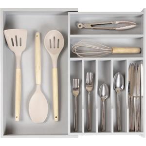 KitchenEdge Premium Silverware, Flatware and Utensil Organizer for Kitchen Drawers, Food-Safe Contract Grade, Expandable from 10.5 to 19 In, Gray Bamboo