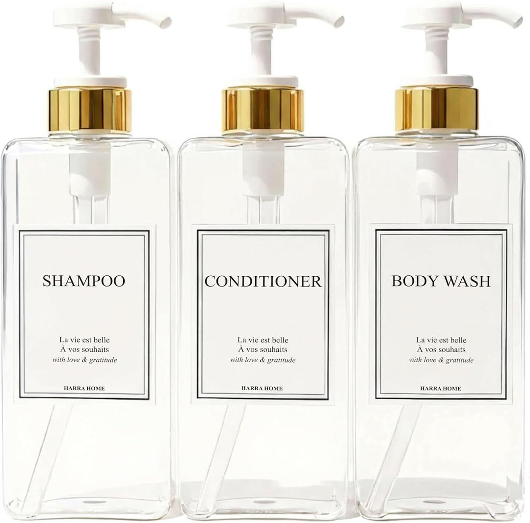 Modern Gold Design 27 oz Shampoo and Conditioner Dispensers - Plastic Refillable Pump Bottle Set for Bathroom Shower Soap Dispenser, Gift Box Included, Set of 3 (Clear & White)