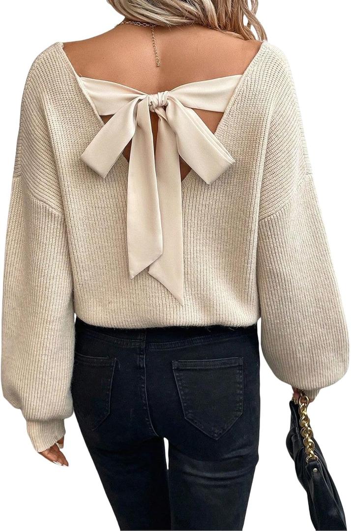 V Neck Sweaters Woman,Off The Shoulder Sweater Top,Fitted Long Sleeve Shirt Women,Tie Back Sweater,Knit Sweater (Large, Apricot)