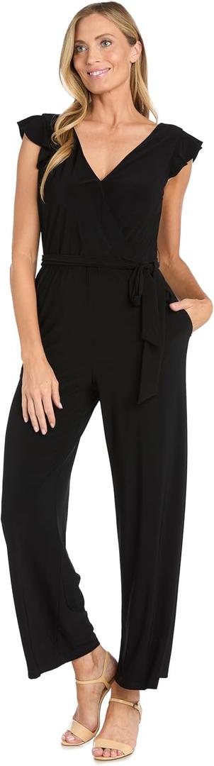 R&M Richards Classic Solid Jumpsuit W/Wrap Top & Ruffle Cap Sleeves (12 Petite, Black)
