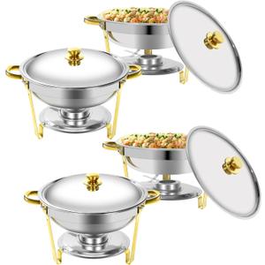 Gold Chafing Dishes for Buffet, 5QT Round Chafing Dish Buffet Set w/Lid, Thickened Stainless Steel Chafers and Buffet Warmers Sets for Weddings, Events, Banquet (4-PACK)