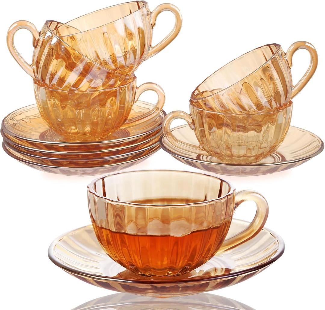 GURUDAR Glass Tea Cups and Saucers Set of 6, Glass Coffee Mugs with Stainless Steel Spoon, Dishwasher & Microwave Safe Teacups for Espresso Cappuccino Latte Tea Juice, 6OZ/180ML, Amber