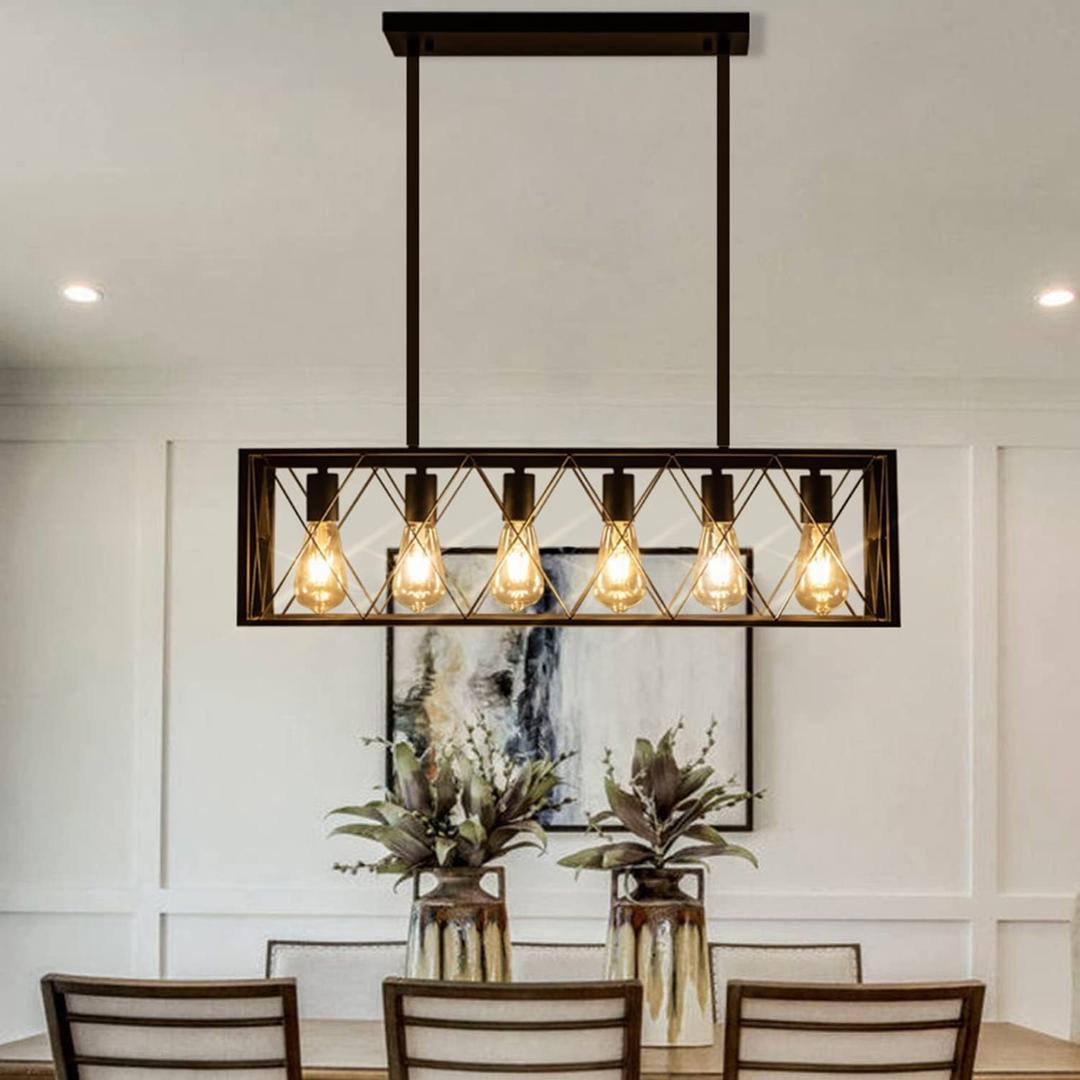 Kitchen Island Pendant Lighting 6-Light Black Metal Industrial Bar Chandelier Fixtures Vintage Hanging Farmhouse Rectangle Linear Chandelier for Dining Room