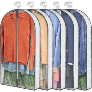 40" Garment Bags, Clear Clothes Covers with 4" Gussetes for Hanging Clothes Closet Storage, Breathable Protector for Suits Coat, Jacket, Sweater, Shirts, 5 Packs (40"x5pack, White)