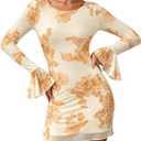 PRETTYGARDEN Women's Floral Dress Spring Fall Fashion Long Bell Sleeve Flower Mini Short Mesh Bodycon Party Dresses (Beige,Medium)