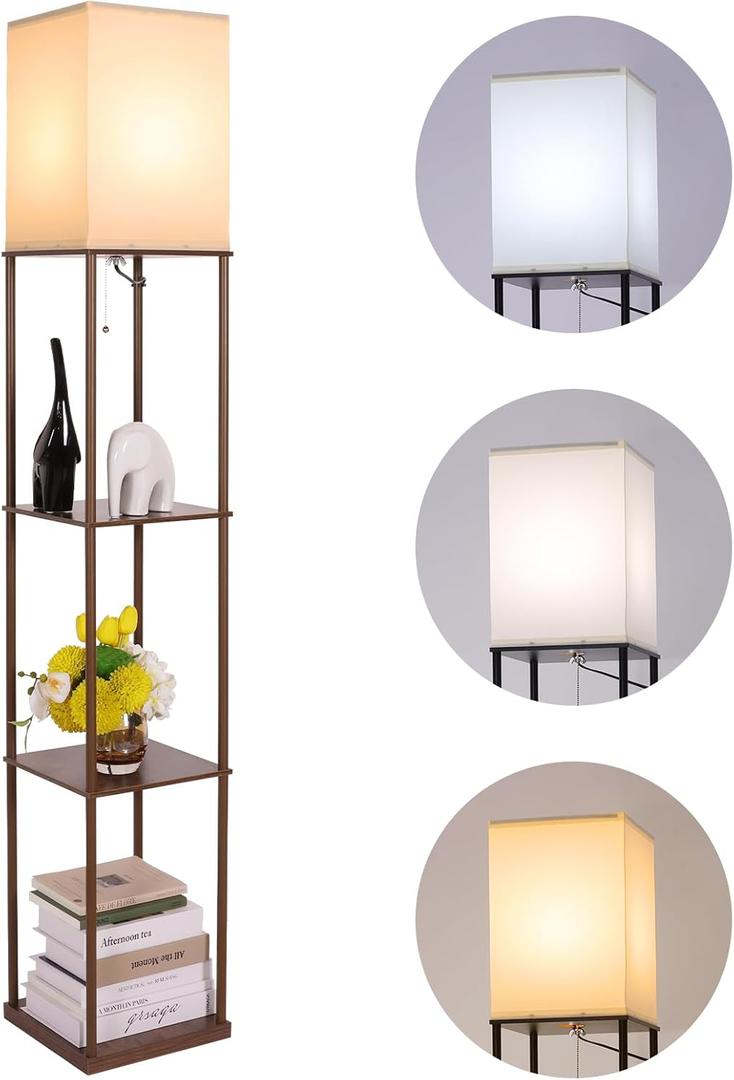 Floor Lamp with Shelves, Modern Square Standing Lamp with 3 Color Temperature Bulb, Corner Display Bookshelf Lamp for Living Room, Bedroom and Office (Brown)