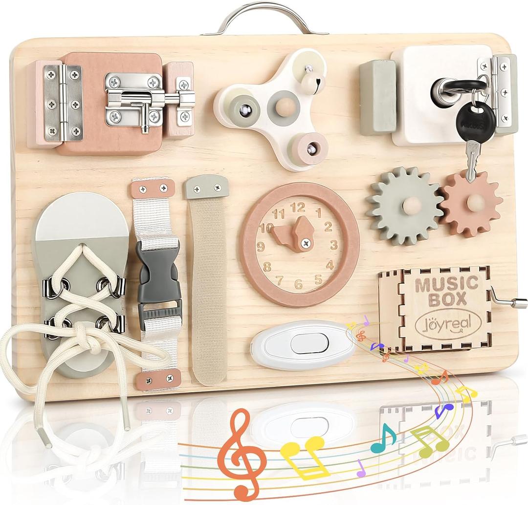 Joyreal Wooden Busy Board for Toddlers, Montessori Toys for 1 2 3 Year Old, Sensory Activity Board with Music Box & 12 Motor Skill Activities, Educational Travel Toys Gift for Boys Girls, Normal