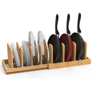 Expandable Pot Lid Organizer, Bamboo Pot and Pan Organizer for Under Cabinet, 16" to 28" Adjustable Length and 10 Dividers