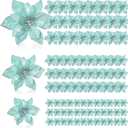 Geosar 100 Pcs 3 Size Christmas Poinsettia Flowers with Clips Glitter Artificial Flowers Small Christmas Tree Ornaments Faux for Xmas Party DIY Craft Wreath Garland New Year, 3/4/6 Inches(Mint Green)