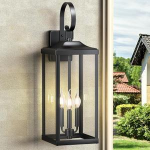 24" Extra Large Outdoor Wall Light for House, Black 3-Light Waterproof Exterior Porch Lamp Wall Mount, Modern Outside Wall Sconce Coach Light with Clear Tempered Glass, E12, 1-Pack