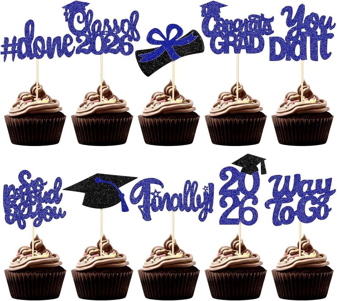 FoldTier Graduation Decorations 2026 100 Pcs Graduation Cupcake Toppers Congrats Grad Class of 2026 Cupcake Picks Toppers Diploma Supplies for Party Decorations(Blue)