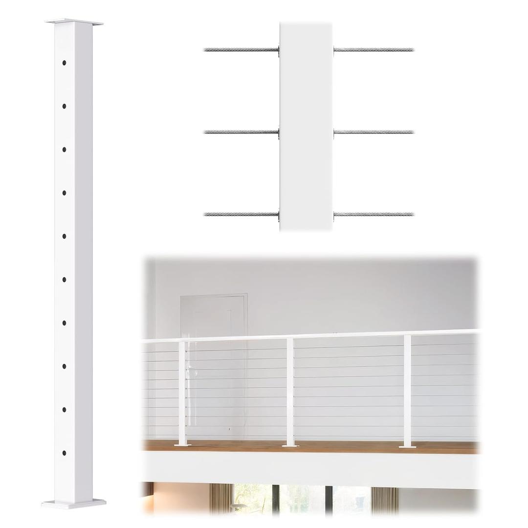 Muzata Cable Railing Post 36 Inch 36"x2"x2" Level Drilled Surface Mount White T304 Stainless Steel Cable Railing System Kit Indoor Outdoor with Paper User Guide PS02 WH4S
