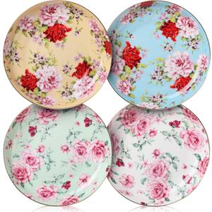 BTaT- Floral Dessert Plates Ceramic, Set of 4, 8 Inch, Assorted Colors with Golden Rim, Deep Porcelain Floral Plates Set of 4, Dishwasher Safe, Mothers Day Gift