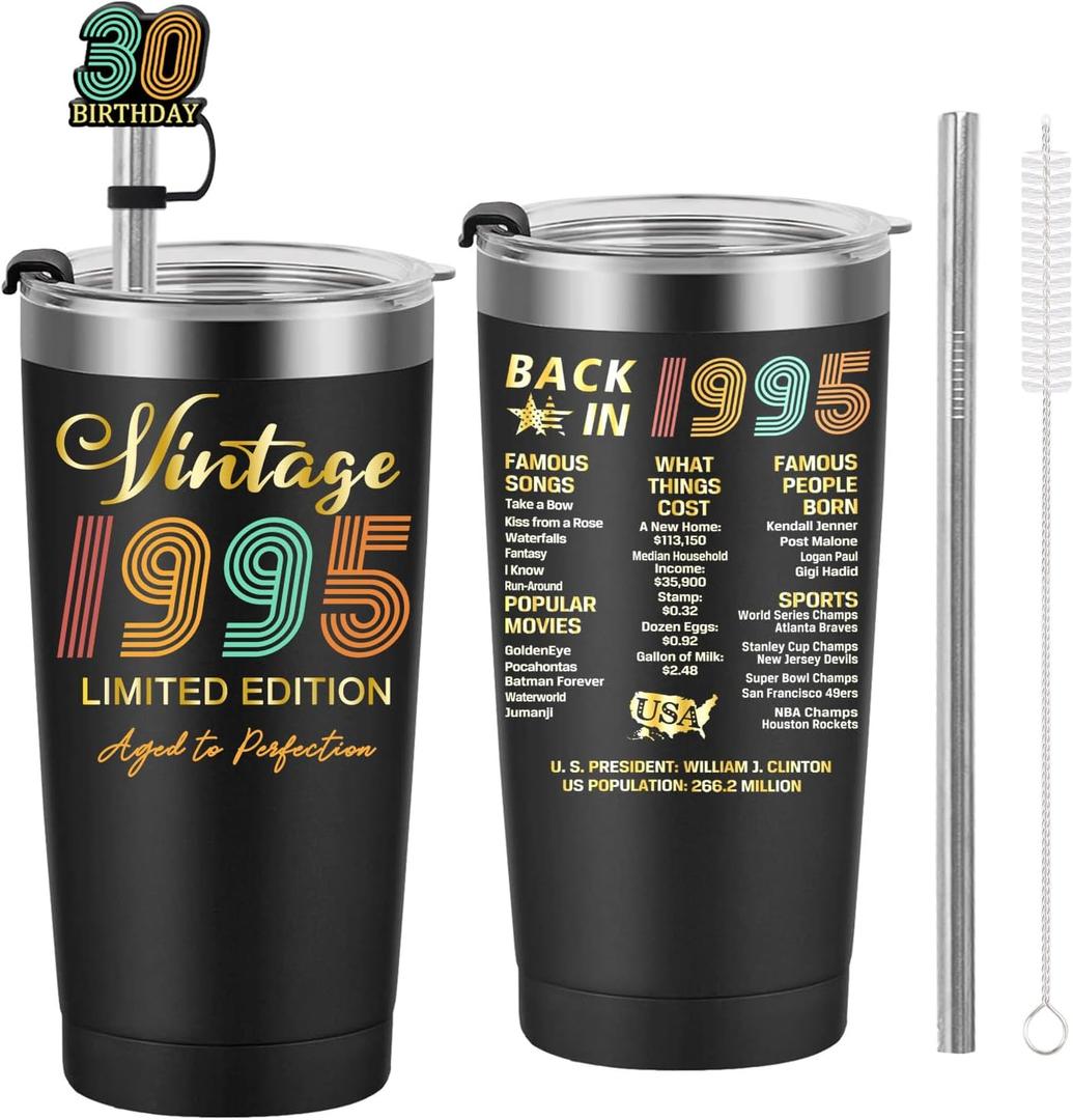 1995 30th Birthday Gift for Women and Men - 30th Gifts for Parents - 30th Class Reunion - Mom Dad Wife Husband Grandpa Grandma Present - 20oz Tumbler Cup Black