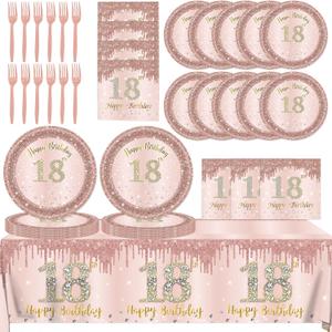 18th Birthday Decorations for Girls,61Pcs Rose Gold 18th Birthday Decorations Tableware Include 18th Birthday Plates and Napkins,Tablecloth,Forks,Serve 20